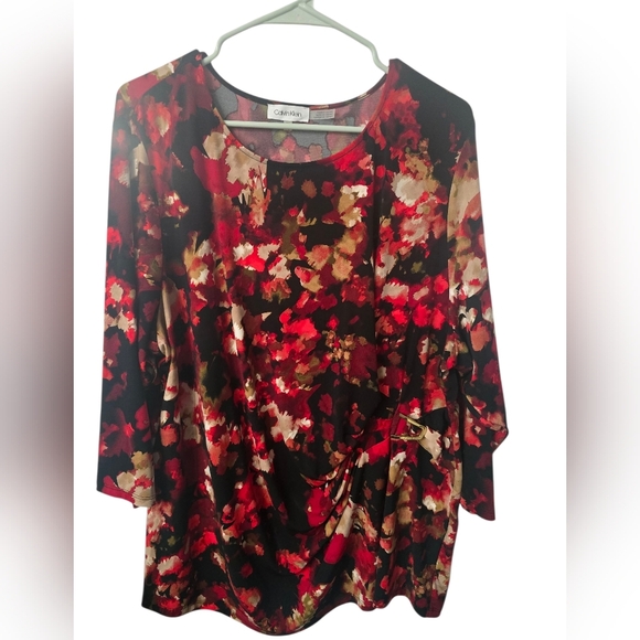 Calvin Klein Red and Tan Floral Blouse W/ Buckle Detail, Plus Size 2X - Picture 1 of 5